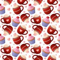 Sweet seamless pattern. A mug of cocoa with cream, a cupcake and decorations in the form of hearts. Concept for valentine's day. For fabric, wrapping paper. vector