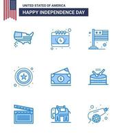 Happy Independence Day USA Pack of 9 Creative Blues of amearican dollar country sign police Editable USA Day Vector Design Elements