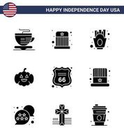 Solid Glyph Pack of 9 USA Independence Day Symbols of american shield french fries security american Editable USA Day Vector Design Elements