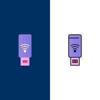 iconos de señal de servicio wifi usb plano y conjunto de iconos llenos de línea vector fondo azul