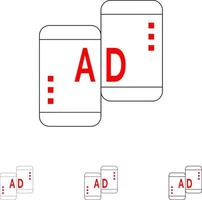 Advertising Mobile Mobile Advertising Marketing Bold and thin black line icon set vector