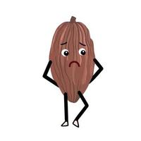 Sad Chocolate fruit cacao with moping pose vector illustration mascot character. Cartoon flat drawing isolated on plain white background. Food illustration artwork.