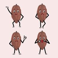 Chocolate fruit bean cacao or cocoa vector illustration. Mascot character with cute expression with happy, sad, mad, and surprised pose. Isolated cartoon flat drawing on light brown background.