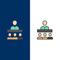 Meeting Team Teamwork Office  Icons Flat and Line Filled Icon Set Vector Blue Background