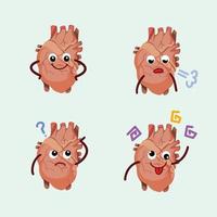 Human heart organ character mascot set collection isolated on plain green background. Cartoon face expression with smiling, tired, confused, and crazy face. Flat and simple artwork. vector