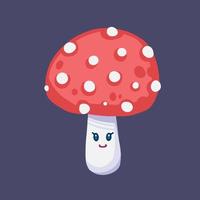 Pretty smiling red wild pretty forest mushroom vector avatar character mascot illustration isolated on plain dark gray background. Kawaii cute character drawing with cartoon flat art style.