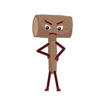 Mad and angry wood hammer object vector character mascot illustration isolated on plain background. Cartoon comic drawing with simple flat art style with funny expressions and body language.