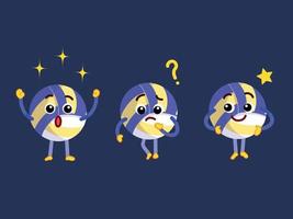 Sets of three sport volley ball character mascot with facial expression and body gesture vector illustration collection isolated on plain dark blue background. Comic art style with simple flat color.