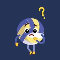 Confused sport volley ball character mascot with facial expression and body gesture vector illustration question mark isolated on plain dark blue background. Comic art style with simple flat color.