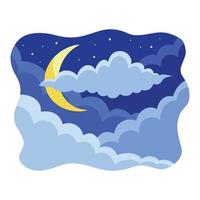 cielo nocturno azul nublado con luna, estrellas y nubes ilustración vectorial aislada en fondo blanco. dibujo de dibujos animados de estilo de arte simple. vector