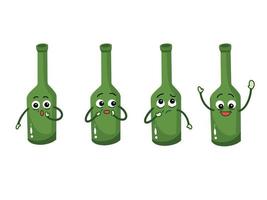 cuatro conjuntos de colección de alcohol bebida verde botella carácter mascota vector ilustración dibujo aislado sobre fondo blanco. Cómic de personaje de botella con estilo de arte de dibujos animados plano simple. caras multiples