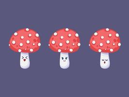 Sets of three red wild pretty forest mushroom vector avatar character mascot illustration isolated on plain dark gray background. Kawaii cute character drawing with cartoon flat art style.