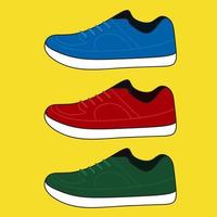 zapatillas con tres variaciones de color diferentes. zapatillas de deporte para hombre en estilo plano. vista lateral de las zapatillas de deporte sobre un fondo amarillo. zapatillas de deporte de moda. ilustración vectorial vector