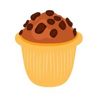 Vector illustration of a muffin with chocolate topping. Sweet chocolate cake on a white background.