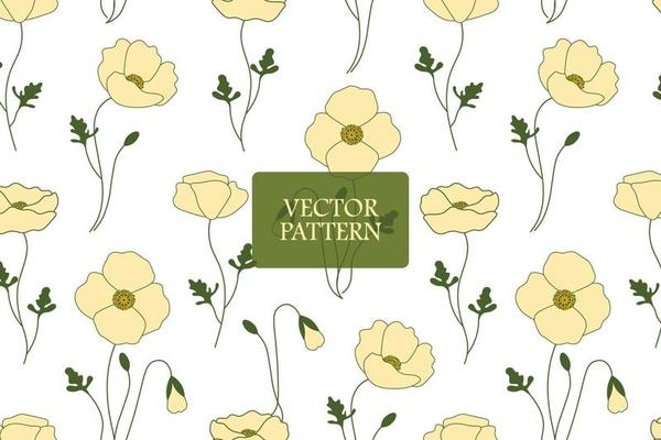 Summer floral pale yellow poppy flower on a white background vector seamless repeat pattern