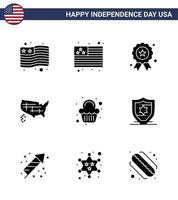 Editable Vector Line Pack of USA Day 9 Simple Solid Glyphs of shield american states celebration party Editable USA Day Vector Design Elements