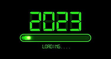 Loading to up 2023 Happy new year. Green led neon digital time style. Progress bar almost reaching new year eve. Vector illustration with display 2023 loading isolated or black background