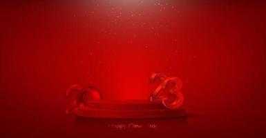 3D 2023 with podium banner, New Year party, red foil numerals, product display cylindrical shape, festive platform for the holidays. Vector luxury template isolated on red background