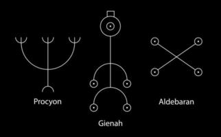 Astrology Stars, PROCYON or Canis Minor, GIENAH or Corvus, ALDEBARAN or Oculus Tauri. Set Hieroglyphic sign, hermetic kabbalistic magic symbols. White Line art Vector isolated on black background