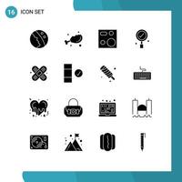 Group of 16 Modern Solid Glyphs Set for bandage search cooking find products Editable Vector Design Elements