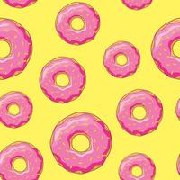 Seamless background with donuts with pink glaze on yellow background. vector