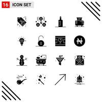 Pack of 16 Modern Solid Glyphs Signs and Symbols for Web Print Media such as business success drink bulb machine Editable Vector Design Elements