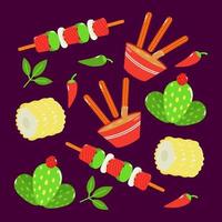 comida mexicana. palitos de queso frito, patrón de barbacoa, maíz y fruta de cactus vector