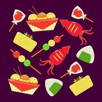 Japanese street food. Food pattern of fried octopus, rice balls, skewer cakes, sweets and egg rolls vector