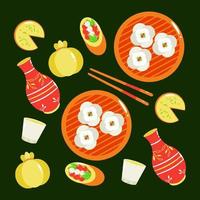 Chinese food, steamed bun and wine bottle pattern vector