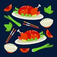 Chinese food. Peking duck, century egg and rice pattern vector