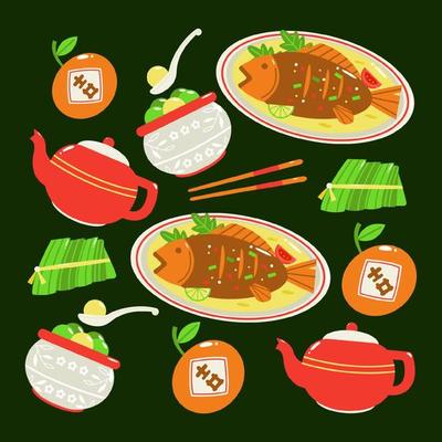Chinese food. Grilled fish, sweet dumpling balls and a pot of tea pattern