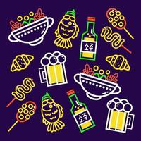 Korean food. Kimchi, corn hot dogs, buns and a bottle of rice wine outline pattern vector