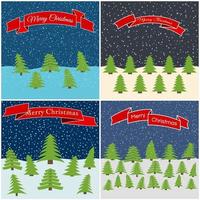 Set of four vector illustration with night forest with red ribbons with the inscriptions Happy Christmas.