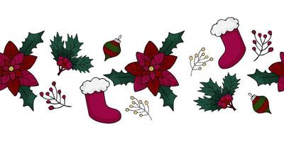 christmas decoration with holly berries.Merry Christmas.Seamless border with cartoon decorations.  Vector illustration. Hand draw style.