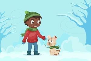 un niño negro camina con su perro en invierno. linda ilustración plana. Mes de pasear perros. sitio web, plantilla de banner vector