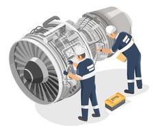 Aircraft engineer jet engine maintenance engineering technicians checking service airplane turbine diagram inside for maintenance isometric isolated on white vector