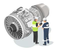 Aircraft engineer planning with mechanician maintenance jet engine engineering  technicians checking service airplane turbine diagram isometric isolated on white vector