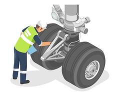 Aircraft engineer checking landing gear technicians service engineering  maintenance airplane airport worker isometric isolated on white vector