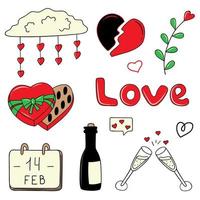 A set of elements - champagne, champagne glasses, a broken heart, a box of sweets, a calendar with the date February 14. A set of elements for the holiday of all lovers, Valentine's Day, birthday. vector