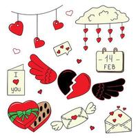 un conjunto de elementos: un corazón roto, alas, un sobre, un mensaje sms, una caja de chocolates, un calendario con la fecha 14 de febrero, un colgante de corazones. un conjunto de elementos para la fiesta de todos los amantes, vector