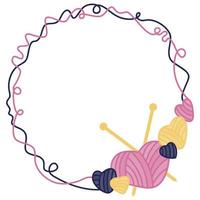 Vector frame made of yarn in the form of hearts with knitting needles. Knitting threads, knitting needles. Multi-colored frame in a flat style.