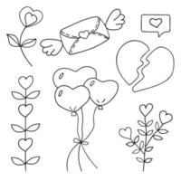 Vector set of balloons-hearts, broken hearts, twigs with leaves and hearts, SMS, envelope with wings. Hand-drawn doodle elements isolated on a white background.