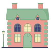 Urban and rural houses with windows, tiles, chimneys. Street lamp. Color flat vector illustration, isolated.