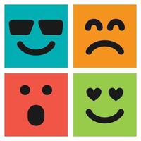 Set of four colorful emoticons with smiley, loved, surprised and dissatisfied faces. Emoji icon in square. Flat background pattern. Vector illustration