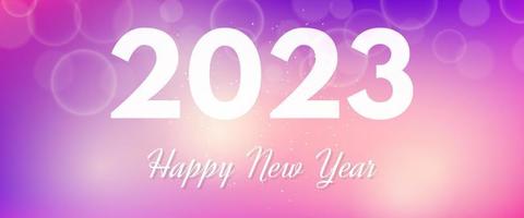 Happy new year 2023 incription on blurred background. White numbers on backdrop with confetti, bokeh and lens flare. Vector illustration