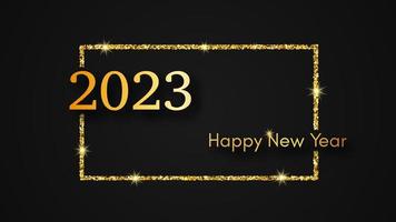 2023 Happy New Year background. Gold inscription in a gold glitter rectangle for Christmas holiday greeting card, flyers or posters. Vector illustration