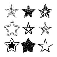 Doodle stars. Set of nine black hand drawn stars isolated on white background. Vector illustration