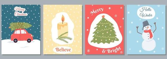conjunto de tarjetas de felicitación de navidad y año nuevo en estilo plano de dibujos animados. ilustración vectorial dibujada a mano para tarjetas, impresión, póster, plantilla de redes sociales vector