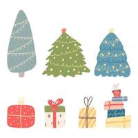 Set of Christmas trees and gifts in cartoon flat style. Hand drawn vector illustration of presents under fir tree, winter holidays, New Year celebration