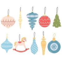 Christmas tree ornaments in cartoon flat style. Hand drawn vector illustration of New year decorative colorful baubles